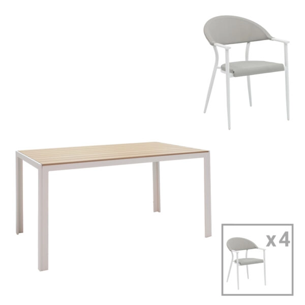 Τραπεζαρία Nares-Pino A σετ 5τεμ  λευκό αλουμίνιο και plywood σε φυσική απόχρωση 140x80x72.5εκ