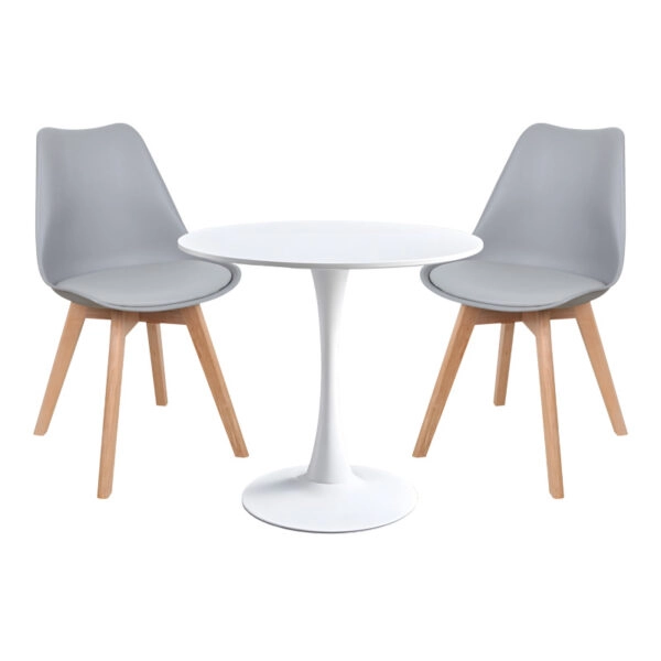 Τραπεζαρία Elijah-Gaston  σετ 3τεμ pp-pu σε γκρι-λευκή απόχρωση με φυσικό πόδι Φ60x74εκ