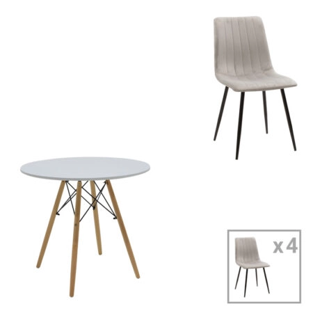 Τραπεζαρία Julita-Noor  σετ 5τεμ  MDF λευκό-γκρι-πόδια φυσικό Φ80x73εκ