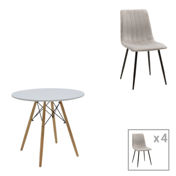 Τραπεζαρία Julita-Noor  σετ 5τεμ  MDF λευκό-γκρι-πόδια φυσικό Φ80x73εκ