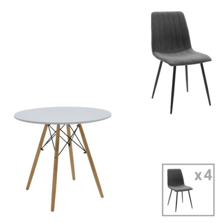 Τραπεζαρία Julita-Noor  σετ 5τεμ  MDF λευκό-ανθρακί-πόδια φυσικό Φ80x73εκ