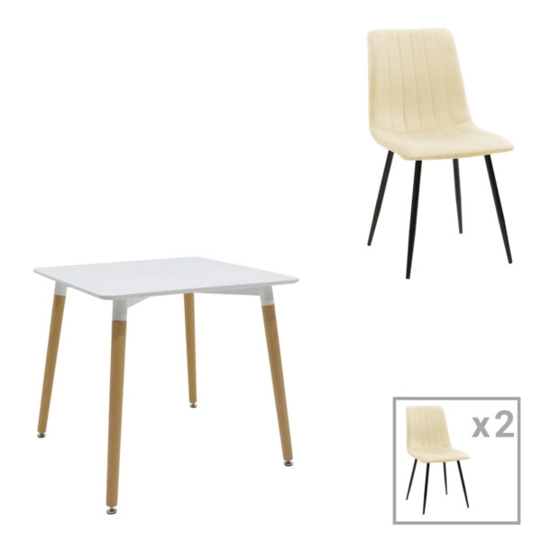 Τραπεζαρία Natali-Noor  σετ 3τεμ  MDF λευκό-μπεζ ύφασμα 80x80x76εκ