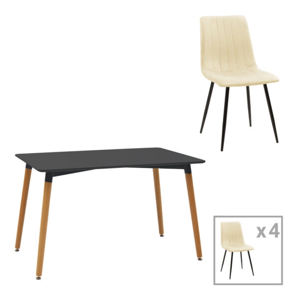 Τραπεζαρία Natali-Noor σετ 5τεμ MDF μαύρο-μπεζ ύφασμα 120x80x76εκ