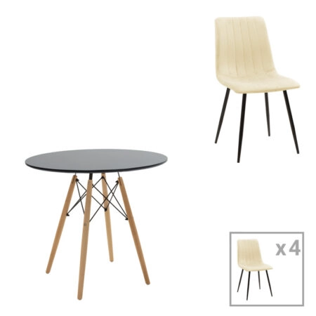 Τραπεζαρία Julita-Noor  σετ 5τεμ MDF μαύρο-μπεζ ύφασμα Φ80x73εκ