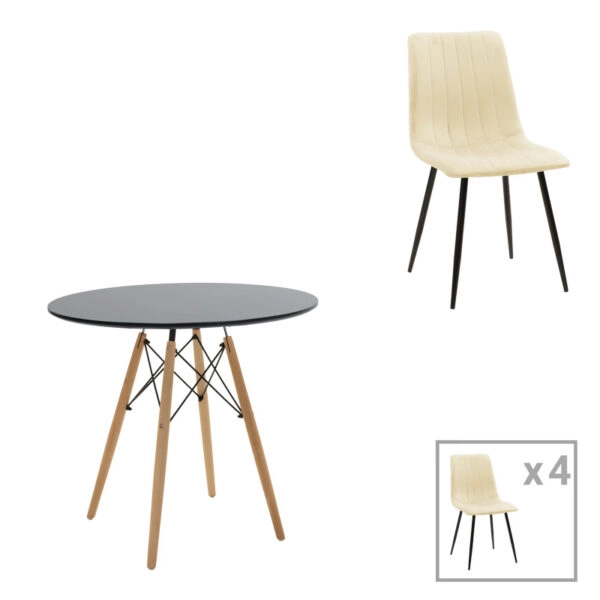 Τραπεζαρία Julita-Noor  σετ 5τεμ MDF μαύρο-μπεζ ύφασμα Φ80x73εκ