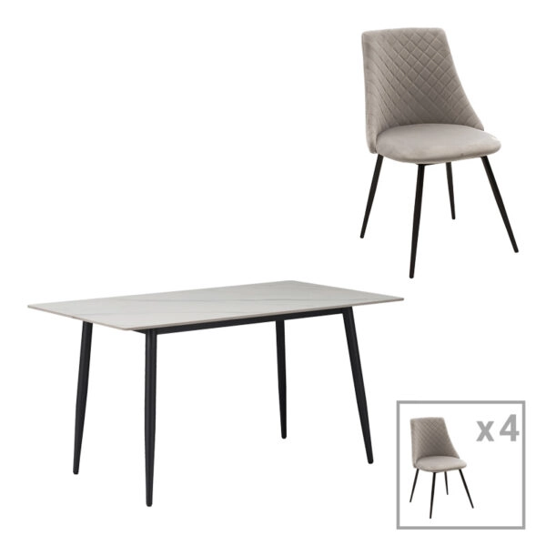 Τραπεζαρία Gustas-Giselle  σετ 5τεμ λευκό μαρμάρου-γκρι βελουδο 120x80x76εκ