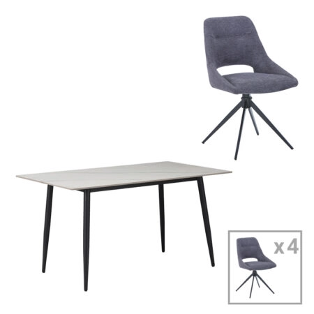 Τραπεζαρία Gustas-Giselle  σετ 5τεμ λευκό μαρμάρου-γκρι βελούδο 120x80x76εκ