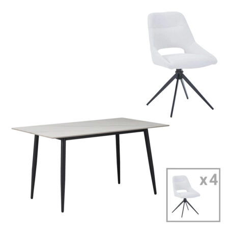 Τραπεζαρία Gustas-Luciano I  σετ 5τεμ λευκό μαρμάρου-κρεμ υφασμα 120x80x76εκ