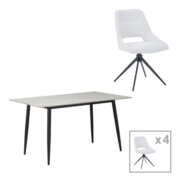 Τραπεζαρία Gustas-Luciano I  σετ 5τεμ λευκό μαρμάρου-κρεμ υφασμα 120x80x76εκ