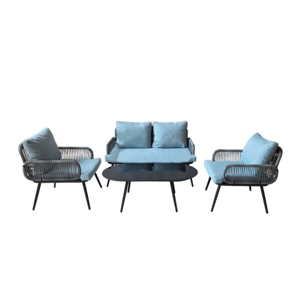 Artekko Rattan Διθέσιος Καναπές (120x70x75)cm 2x Πολυθρόνες (60x75x75)cm Τραπέζι με Τζάμι (110x55x40)cm με Πλαστικ Κορδόνι Μεταλλικό Σκελετό Γκρι και Γαλάζιο Μαξιλάρι Σετ/4