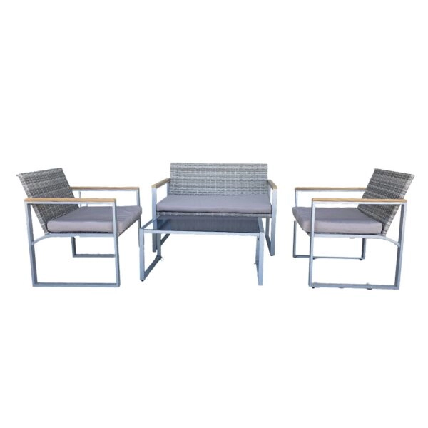 Artekko Rattan Διθέσιος Καναπές (105x65x75)cm 2x Πολυθρόνες (58x60x75)cm Τραπέζι με Τζάμι (84x45x38)cm με Πλαστικ Ρατάν Μεταλλικό Σκελετό και Ξύλο Γκρι Καφέ και Καφέ Μαξιλάρι Σετ/4