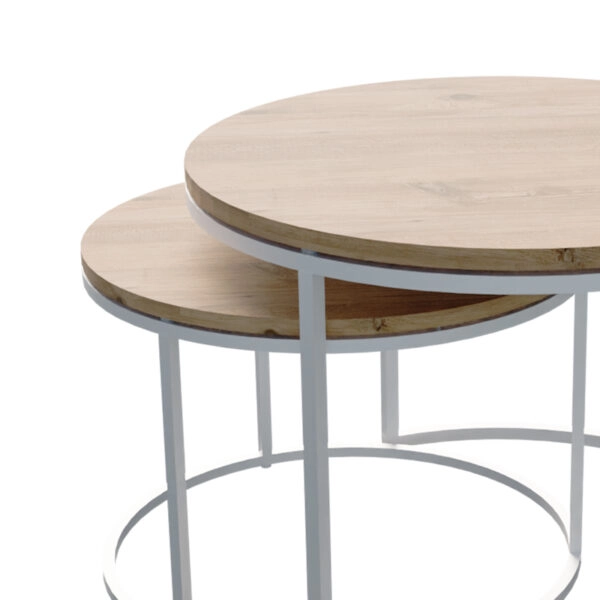 Τραπέζια σαλονιού Solme σετ 2τεμ λευκό μέταλλο και μελαμίνη σε φυσική απόχρωση