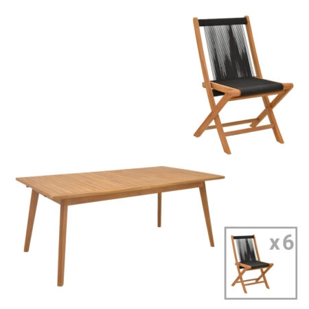 Τραπεζαρία 7 τεμ. Banou-Pino pakoworld teak ξύλο σε φυσική - μαυρη απόχρωση 180/240x100x75εκ