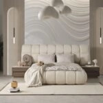 Artekko Midnight Εκρού Υφασμάτινο Διπλό Κρεβάτι (260x230x125)cm για Στρώμα(180x200) MDF 2pcs Κομοδίνα (65x48x40)cm Ντουλάπα με Καθρέπτη και Φωτισμό (270x63x230)cm Συρταριέρα (160x48x78)cm και Καθρέπτη (90x90x5)cm