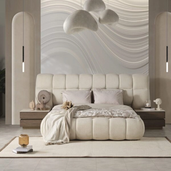 Artekko Midnight Εκρού Υφασμάτινο Διπλό Κρεβάτι (260x230x125)cm για Στρώμα(180x200) MDF 2pcs Κομοδίνα (65x48x40)cm Ντουλάπα με Καθρέπτη και Φωτισμό (270x63x230)cm Συρταριέρα (160x48x78)cm και Καθρέπτη (90x90x5)cm