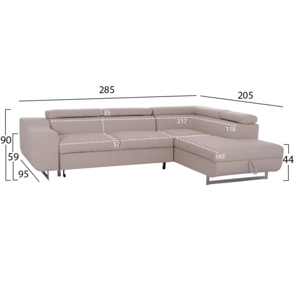 ΓΩΝΙΑΚΟΣ ΚΑΝΑΠΕΣ-ΚΡΕΒΑΤΙ ΜΕ ΑΠΟΘ.ΧΩΡΟ ENCORE HM3301.03R ΜΠΕΖ ΥΦΑΣΜΑ 285x205x90Υεκ.