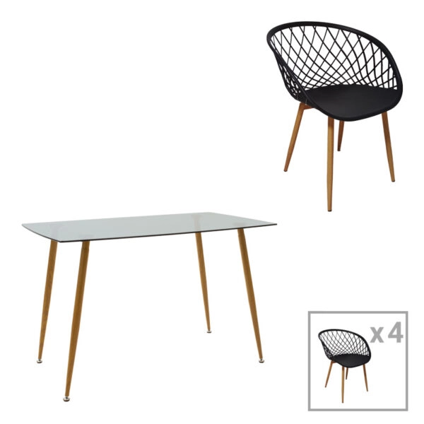 Τραπεζαρία Chloe-Ezra  σετ 5τεμ γυάλινο 8χιλ ανθρακί - πόδι φυσικό 120x70x75εκ