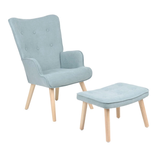 Πολυθρόνα με υποπόδιο Melisia  βεραμάν ύφασμα και ξύλινο πόδι σε φυσική απόχρωση 59x67x94εκ