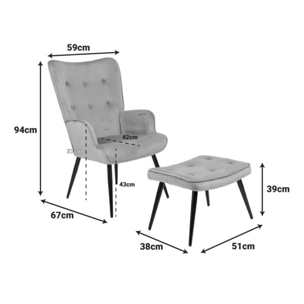 Πολυθρόνα με υποπόδιο Siella  μαύρο βελούδο και μαύρο μέταλλο πόδι 59x67x94εκ