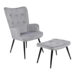 Πολυθρόνα με υποπόδιο Siella  γκρι βελούδο και μαύρο μέταλλο πόδι 59x67x94εκ