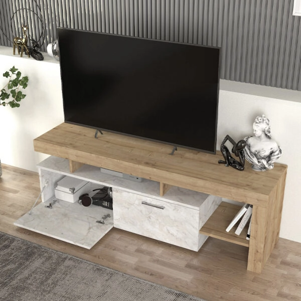 Έπιπλο τηλεόρασης Acnes Megapap χρώμα λευκό εφέ μαρμάρου - sapphire oak 160x40x53εκ.