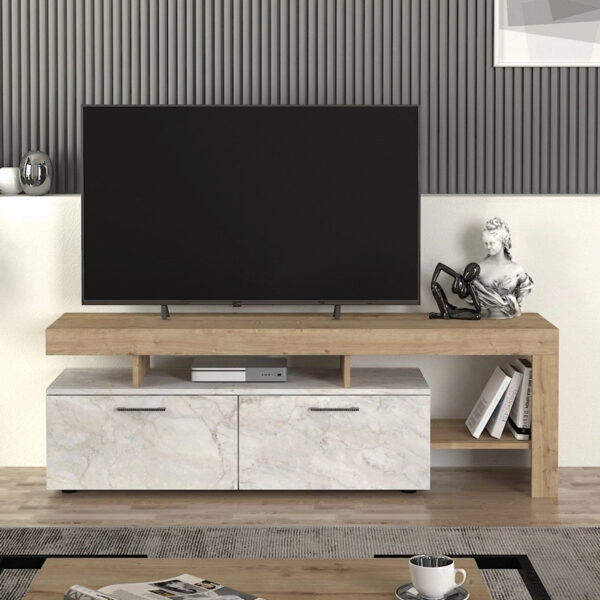 Έπιπλο τηλεόρασης Acnes Megapap χρώμα λευκό εφέ μαρμάρου - sapphire oak 160x40x53εκ.