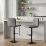 Σκαμπό μπαρ Carmelo Megapap με ρυθμιζόμενο ύψος βελούδο γκρι - βάση μαύρο ματ 45x42x90/113εκ.