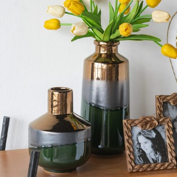 Artekko Electric Κεραμικό Βάζο σε Πράσινο με Μπρονζέ (15.5x15.5x20)cm