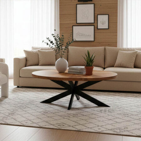 Τραπέζι σαλονιού Fardy pakoworld μασίφ ξύλο ακακίας σε φυσική απόχρωση με μαύρα μεταλλικά πόδια 120x60x45εκ