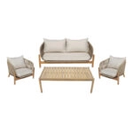 Σαλόνι εξωτερικού χώρου Lemanda  μασίφ ξύλο ακακίας με σχοινί και μπεζ μαξιλάρια