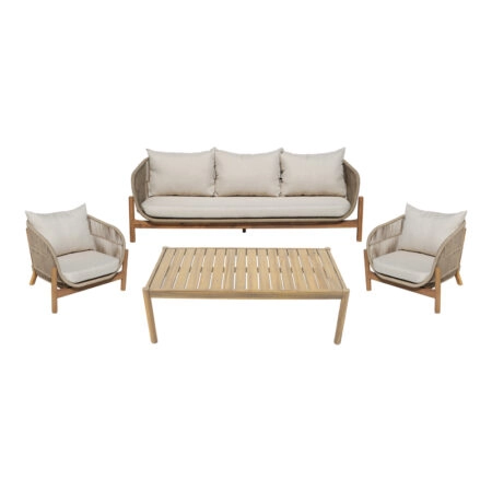 Σαλόνι εξωτερικού χώρου Verilan μασίφ ξύλο ακακίας με σχοινί και μπεζ μαξιλάρια