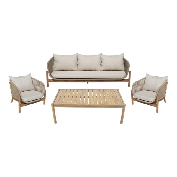 Σαλόνι εξωτερικού χώρου Verilan μασίφ ξύλο ακακίας με σχοινί και μπεζ μαξιλάρια