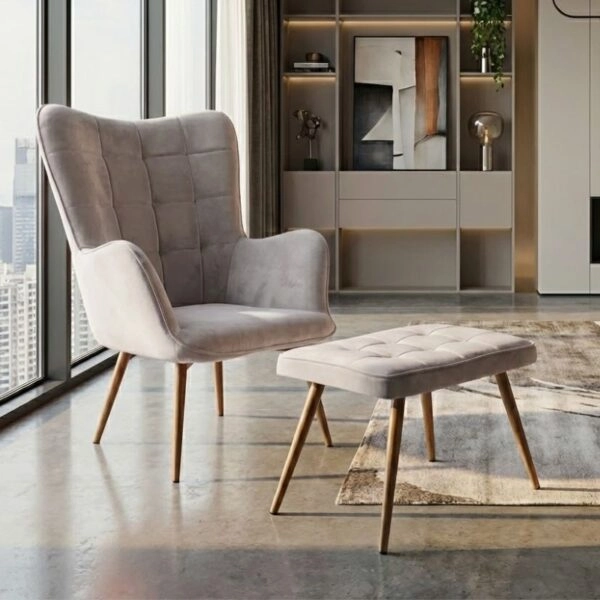 Πολυθρόνα - Μπερζέρα με υποπόδιο Lily Megapap μπεζ βελούδο - μεταλλικό πόδι χρώμα φυσικό 70x62x98εκ.