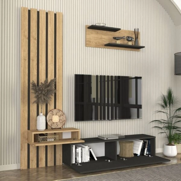 Σύνθεση τηλεόρασης Rosaline Megapap χρώμα ανθρακί - sepet oak 183x31,3x196,9εκ.