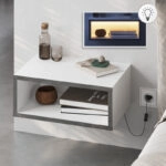 Κομοδίνο επιτοίχιο Brik Megapap με LED χρώμα λευκό - γκρι ρετρό 45x30x18εκ.