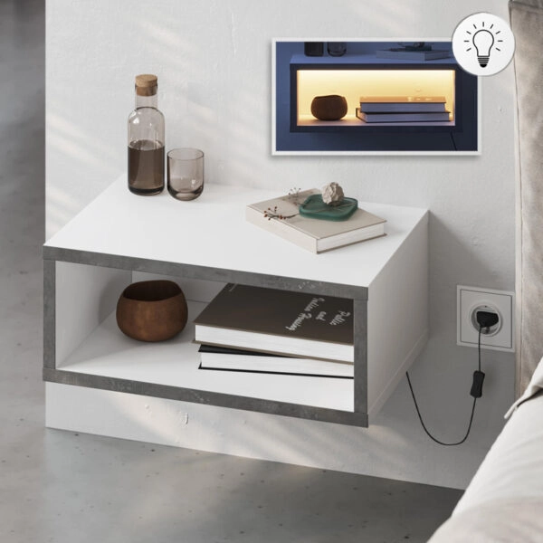 Κομοδίνο επιτοίχιο Brik Megapap με LED χρώμα λευκό - γκρι ρετρό 45x30x18εκ.