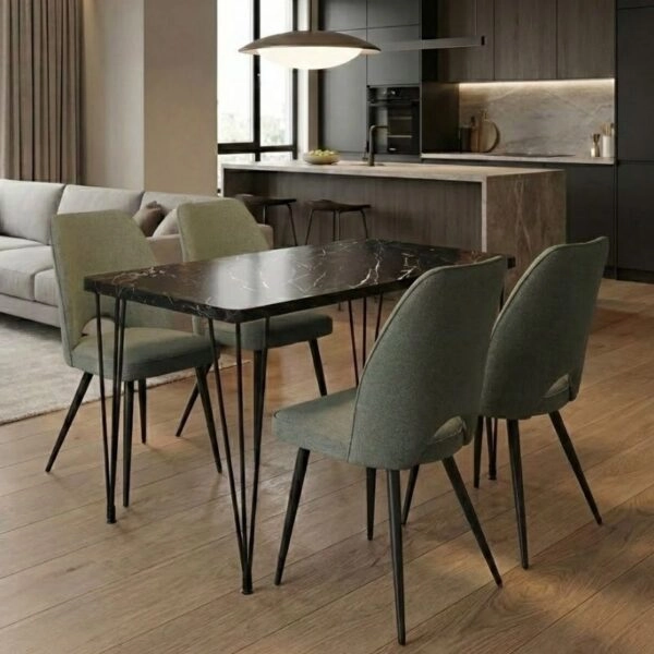 Σετ τραπεζαρία 5τμχ Roger - Christy Megapap Mdf - ύφασμα χρώμα μαύρο εφέ μαρμάρου - λαδί 120x70x75εκ.