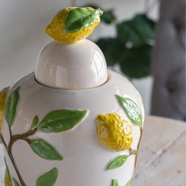 Artekko Lemon Εκρού Κεραμικό Βάζο Δοχείο με Καπάκι και Λεμόνια (22x22x37.5)cm