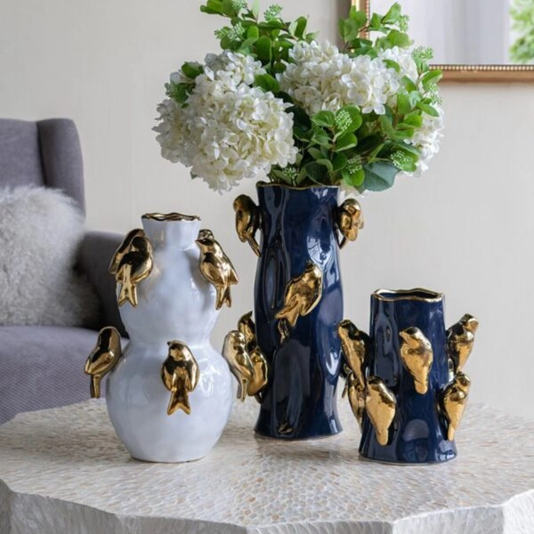 Artekko Bird Λευκό Κεραμικό Βάζο με Χρυσά Πουλιά (21.7x21.7x36)cm