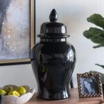 Artekko Melania Μαύρο Κεραμικό Διακοσμητικό Δοχείο Βάζο με Καπάκι (24x24x48)cm