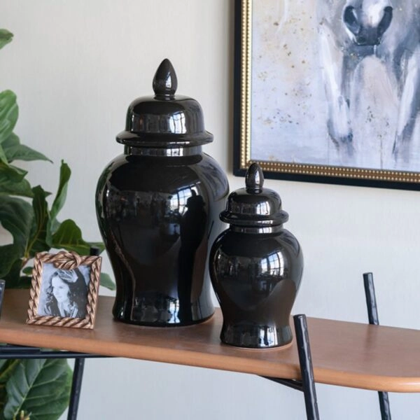 Artekko Melania Μαύρο Κεραμικό Διακοσμητικό Δοχείο Βάζο με Καπάκι (24x24x48)cm