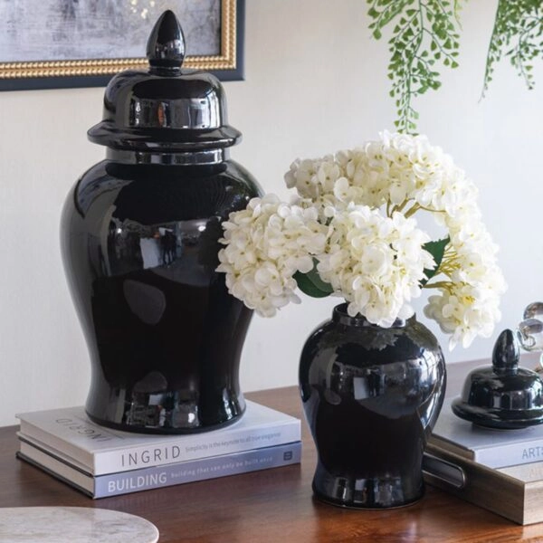 Artekko Melania Μαύρο Κεραμικό Διακοσμητικό Δοχείο Βάζο με Καπάκι (24x24x48)cm