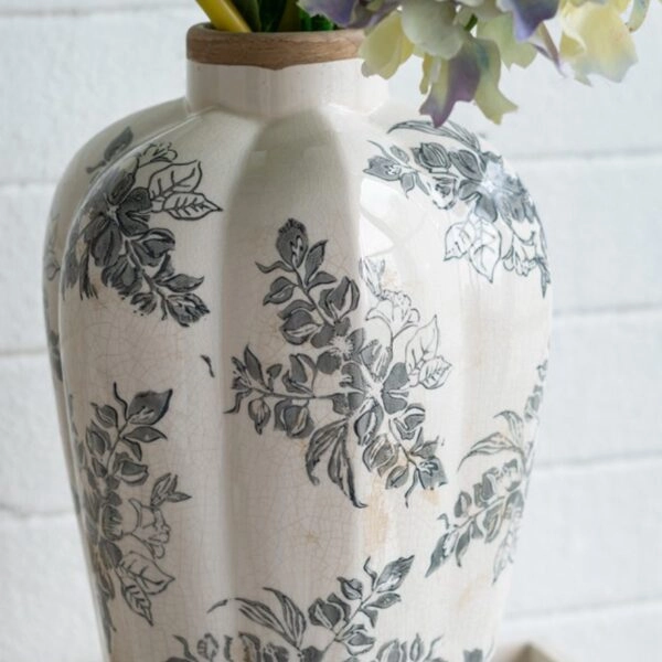 Artekko Aging Λευκό Κεραμικό Βάζο με Γκρι Λουλούδια (20.5x20.5x34.5)cm