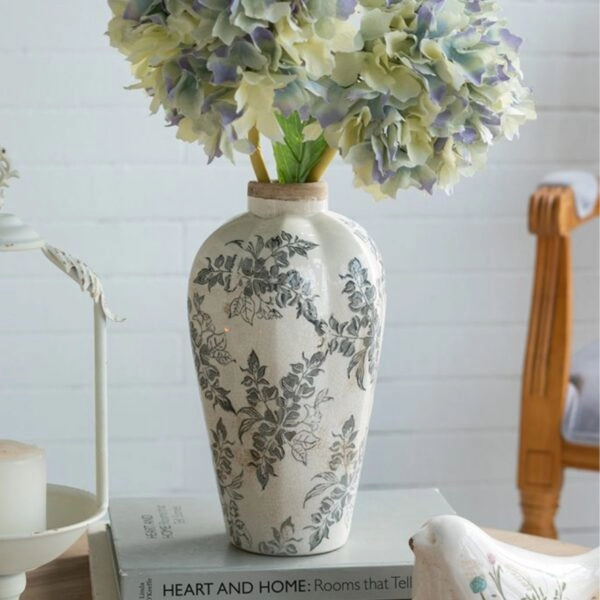 Artekko Aging Λευκό Κεραμικό Βάζο με Γκρι Λουλούδια (13x13x29.5)cm