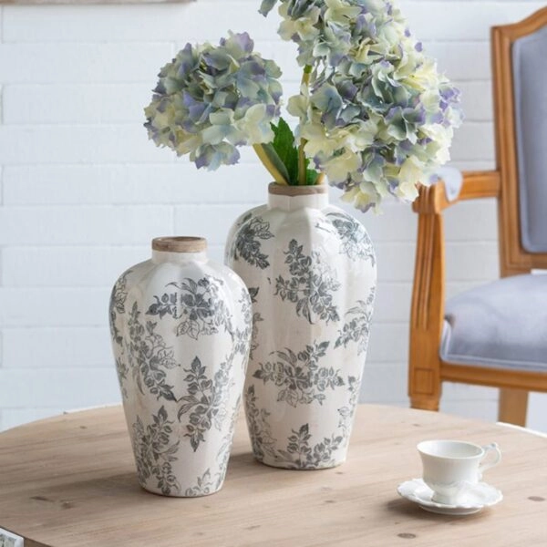 Artekko Aging Λευκό Κεραμικό Βάζο με Γκρι Λουλούδια (13x13x29.5)cm