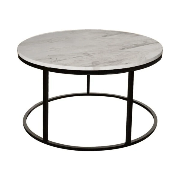 Τραπέζι σαλονιού Sikele  λευκή όψη μαρμάρου και μαύρα μεταλλικά πόδια Φ60x40εκ