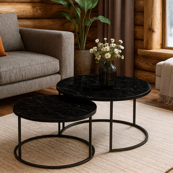 Τραπέζια σαλονιού Solme  2τεμ μαύρο εφε μαρμάρου με μαύρα μεταλλικά πόδια