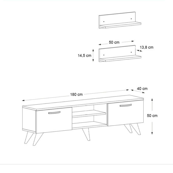 Έπιπλο τηλεόρασης Geacles από μελαμίνη χρώμα καρυδί - μαύρο εφέ μαρμάρου 180x40x50εκ.