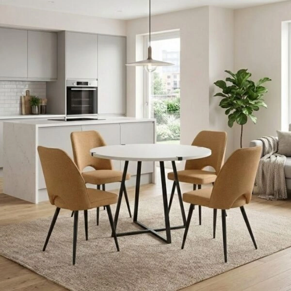 Σετ τραπεζαρία 5τμχ Rubes - Christy Megapap χρώμα λευκό - μουσταρδί Ø100x78εκ.