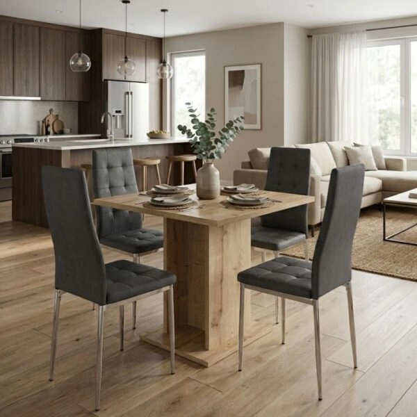 Σετ τραπεζαρία 5τμχ Allos - Rosa Megapap χρώμα sapphire oak - γκρι/χρωμίου πόδι 75x75x77εκ.